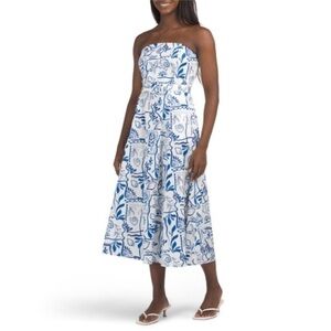 achel Zoe Strapless Blue White Print Strapless Midi Dress Size 4